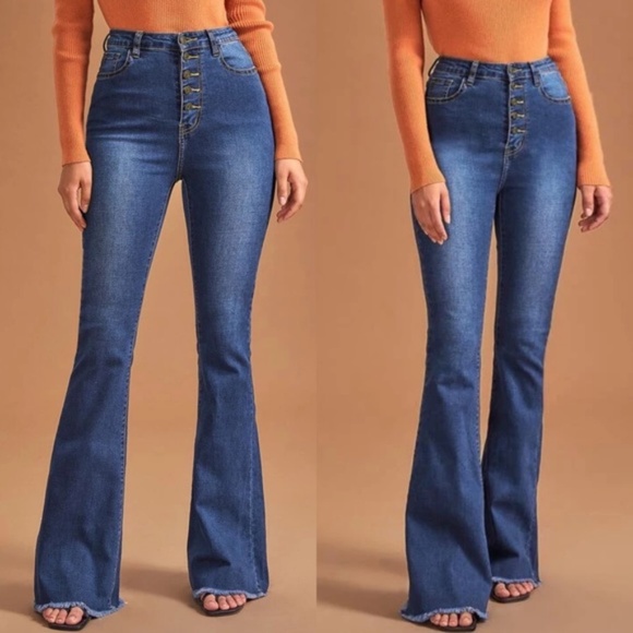 high waist dark wash button fitted denim bell bottom jeans - Picture 2 of 6